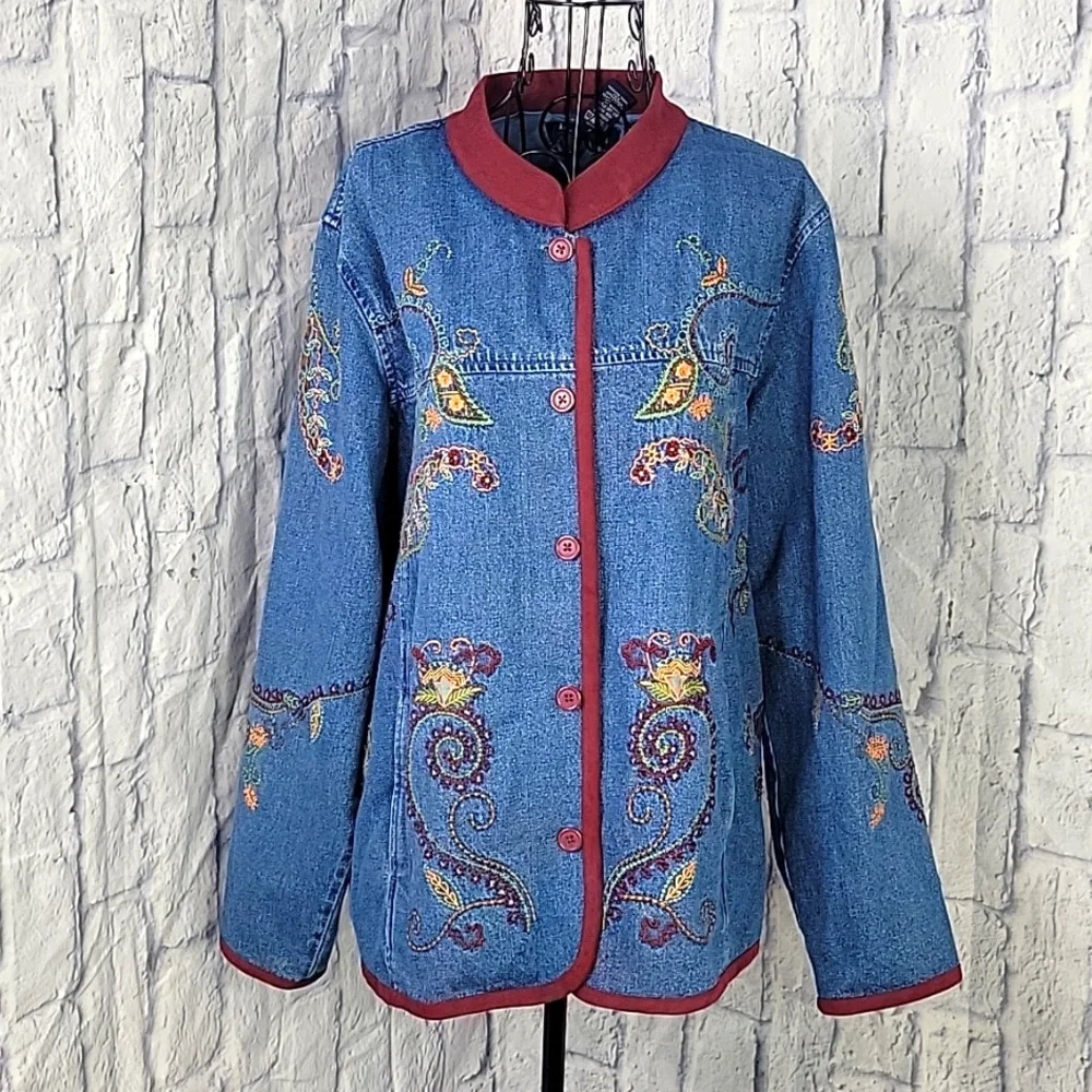 DENIM & CO.‎ Embroidered Denim Button Up Jacket XL